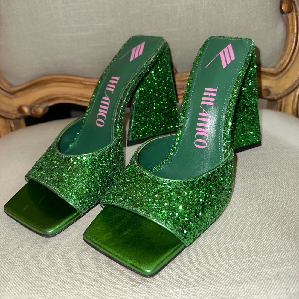 THE ATTICO Devon 115 Mules, green glitter , size 8
